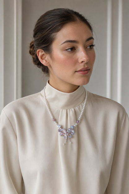 3-12mm Freshwater Pearl necklace in a complete luxury outfit styling context