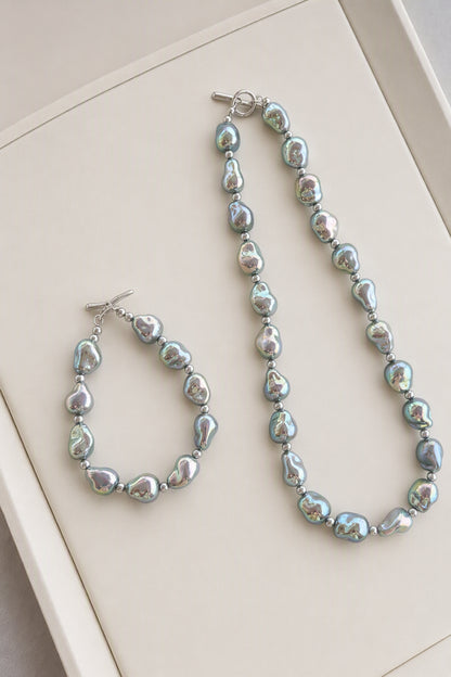 Silver-Blue Baroque Pearl Necklace and Bracelet Set — product view
