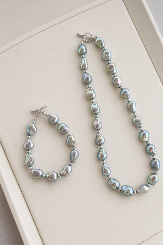 Silver-Blue Baroque Pearl Necklace and Bracelet Set — product view