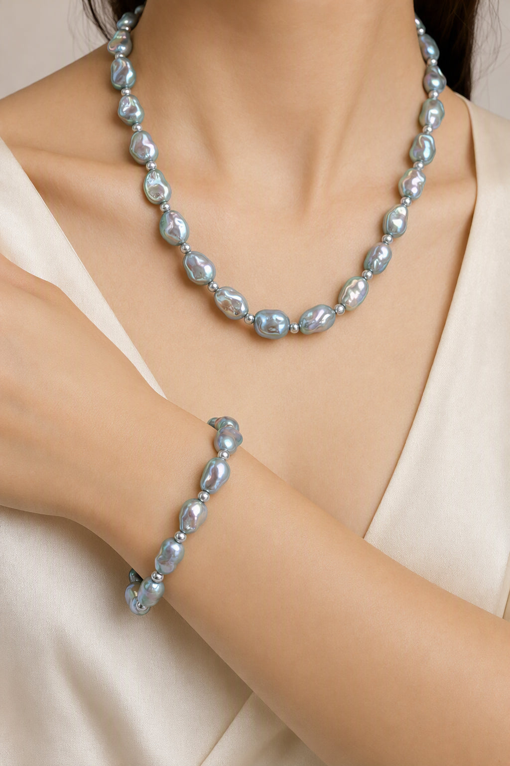 Silver-Blue Baroque Pearl Necklace and Bracelet Set — wearing scale view