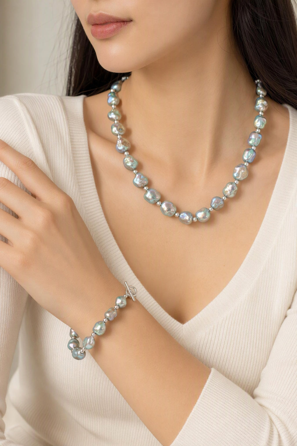 Silver-Blue Baroque Pearl Necklace and Bracelet Set — coordinated set styling view
