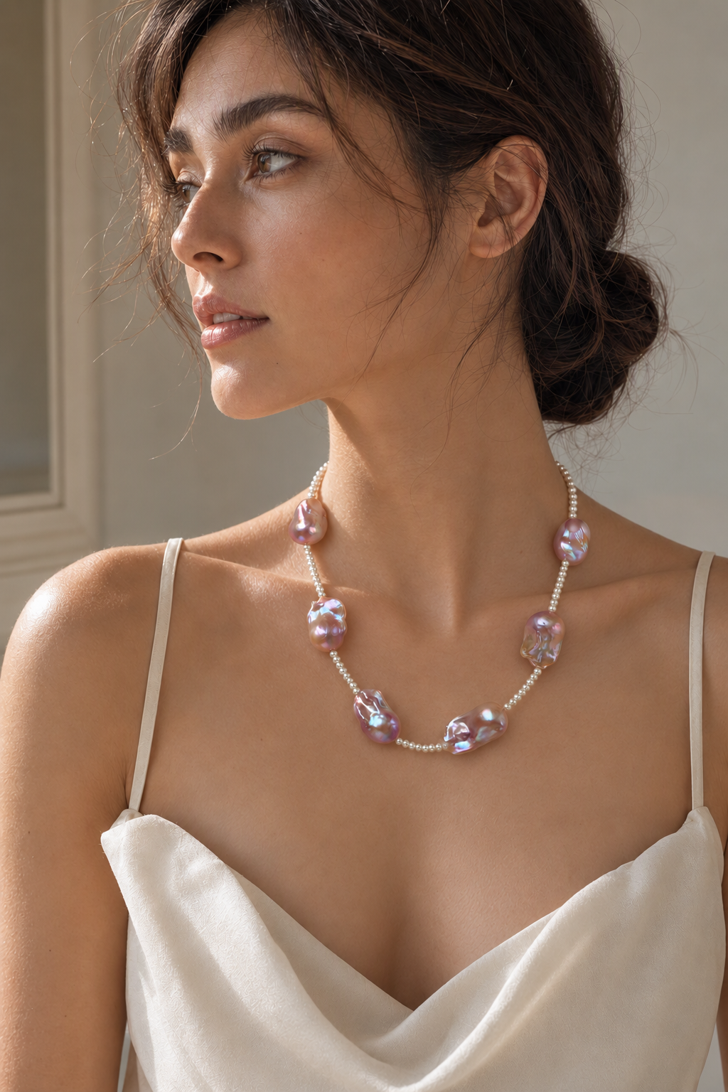 Model wearing Soft Glow High Luster 4-4.5mm small pearls; 20mm+ medium baroque pearls Freshwater Pearl necklace naturally at the neckline