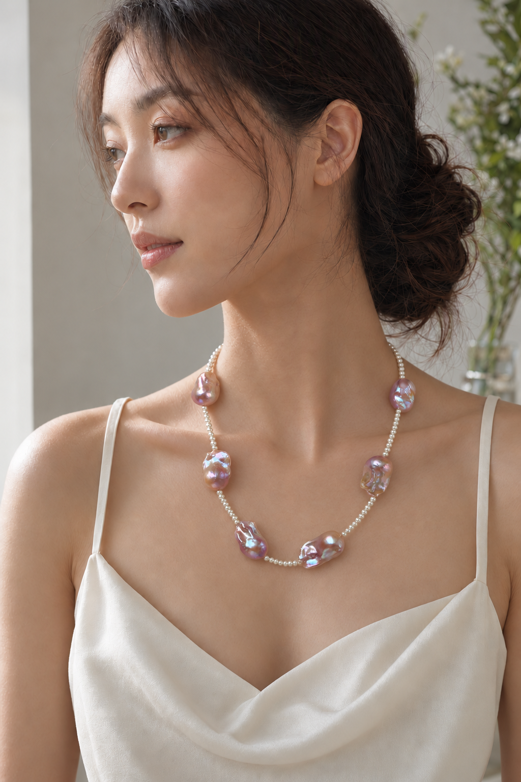 Soft Glow High Luster 4-4.5mm small pearls; 20mm+ medium baroque pearls Freshwater Pearl necklace at realistic wearing scale