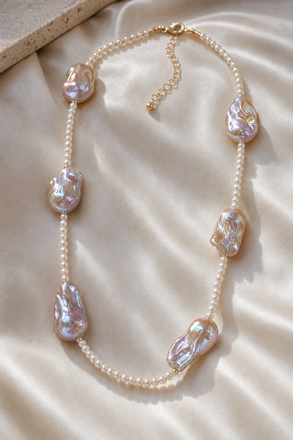 Close-up of Soft Glow High Luster 4-4.5mm small pearls; 20mm+ medium baroque pearls Freshwater Pearl necklace showing pearl luster, nacre and craftsmanship detail