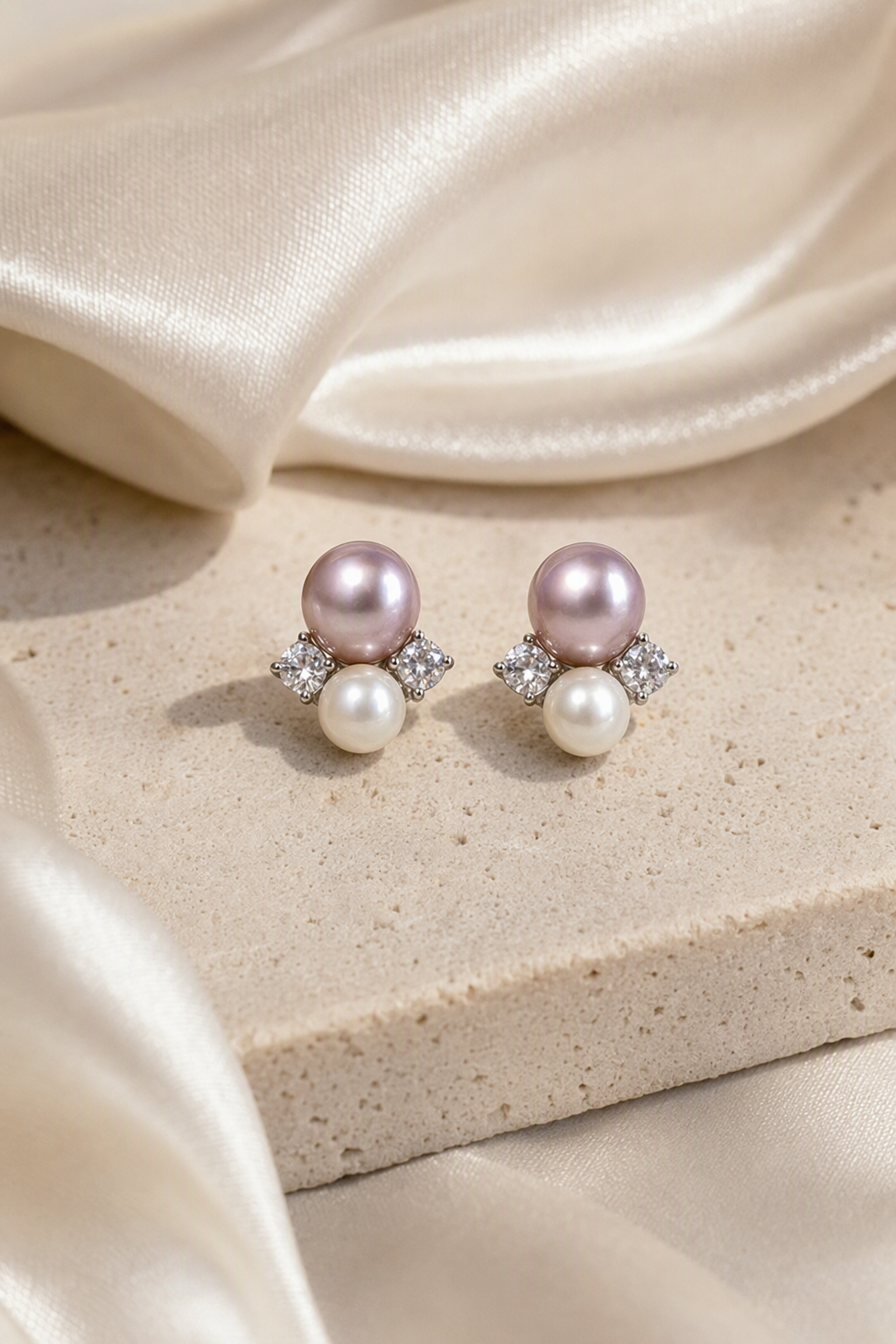 Mirror Luster 9–10 mm purple pearl with 6–7 mm white pearl Freshwater Pearl stud earrings in an elegant still-life luxury setting