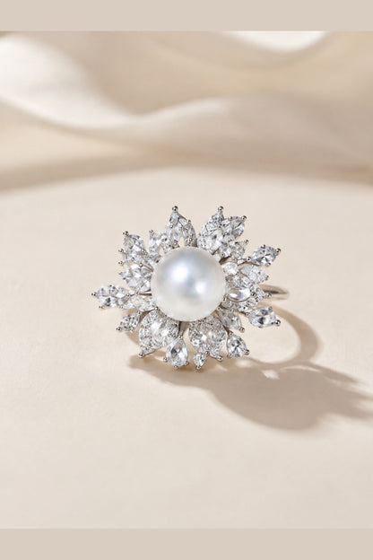 Venus Luster 10-11mm Australian South Sea Pearl Firework Ring on a cream white primary background