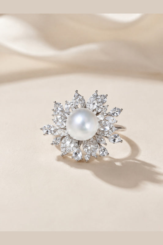 Venus Luster 10-11mm Australian South Sea Pearl Firework Ring on a cream white primary background