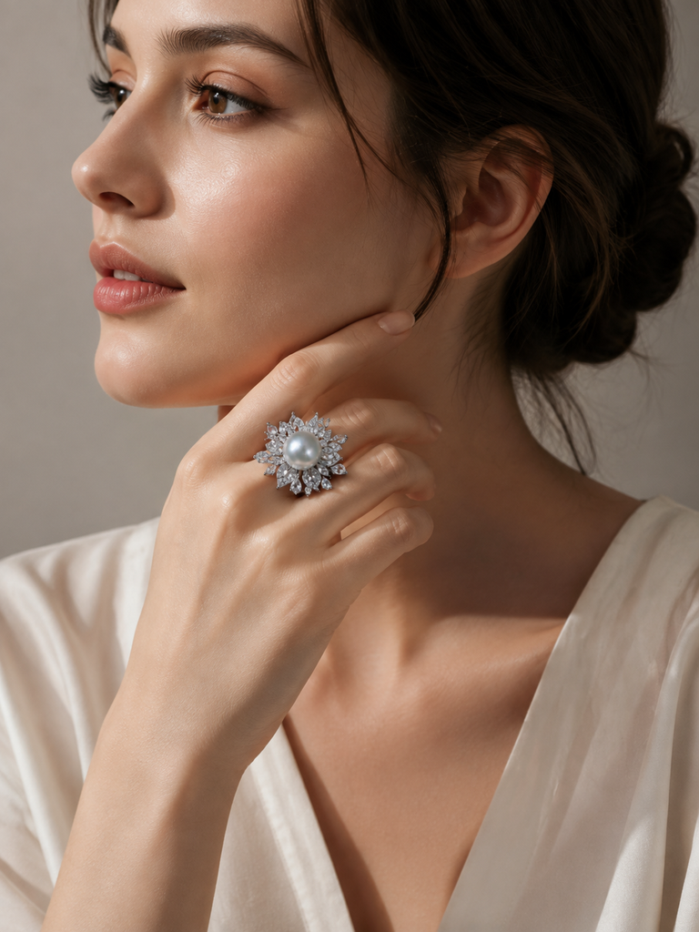 Venus Luster 10-11mm Australian South Sea Pearl Firework Ring at realistic wearing scale with confirmed pearl size
