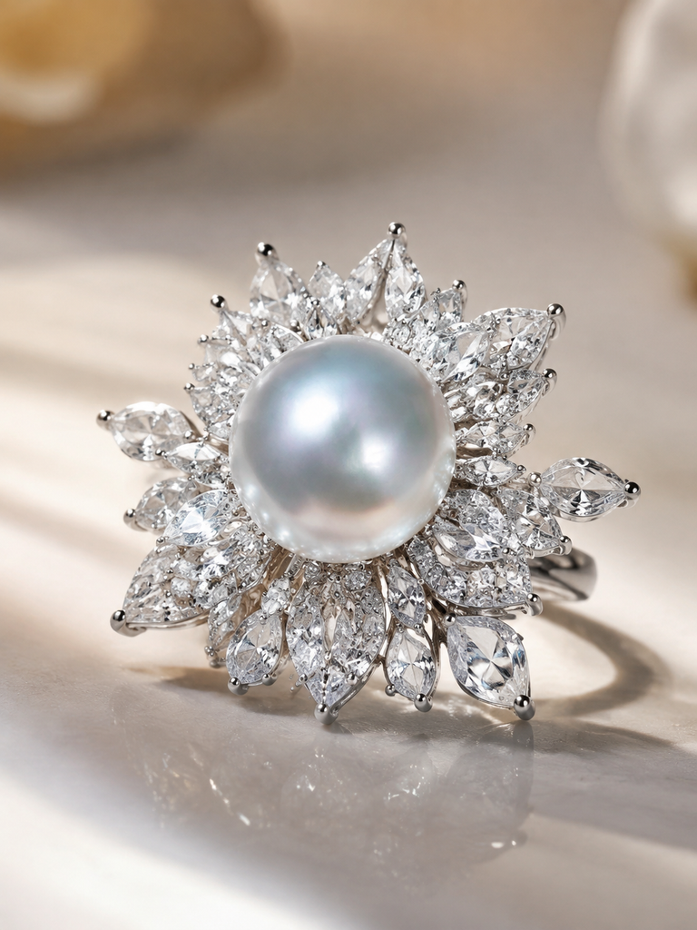Venus Luster 10-11mm Australian South Sea Pearl Firework Ring showing pearl luster nacre and craftsmanship detail