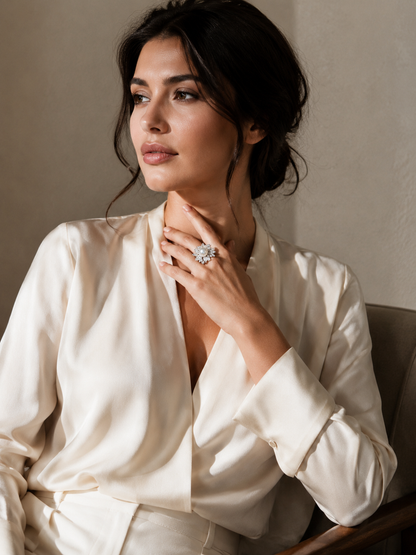 Venus Luster 10-11mm Australian South Sea Pearl Firework Ring within a complete luxury outfit styling context