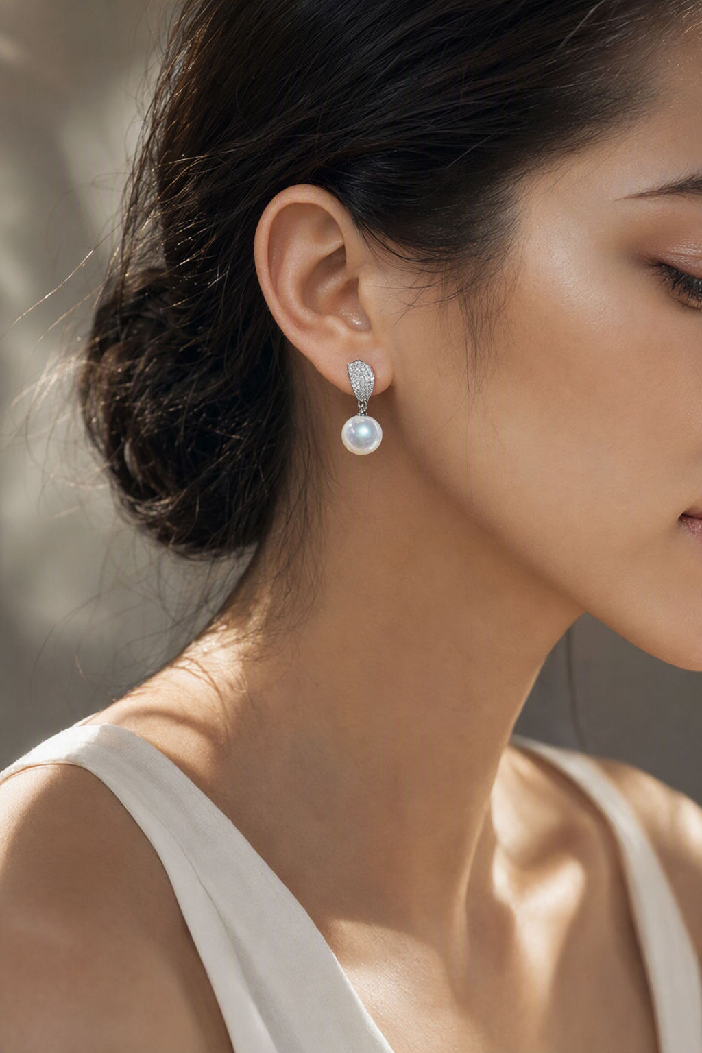 Venus Luster 11-12mm Australian South Sea Pearl Stud Earrings at realistic wearing scale with confirmed pearl size