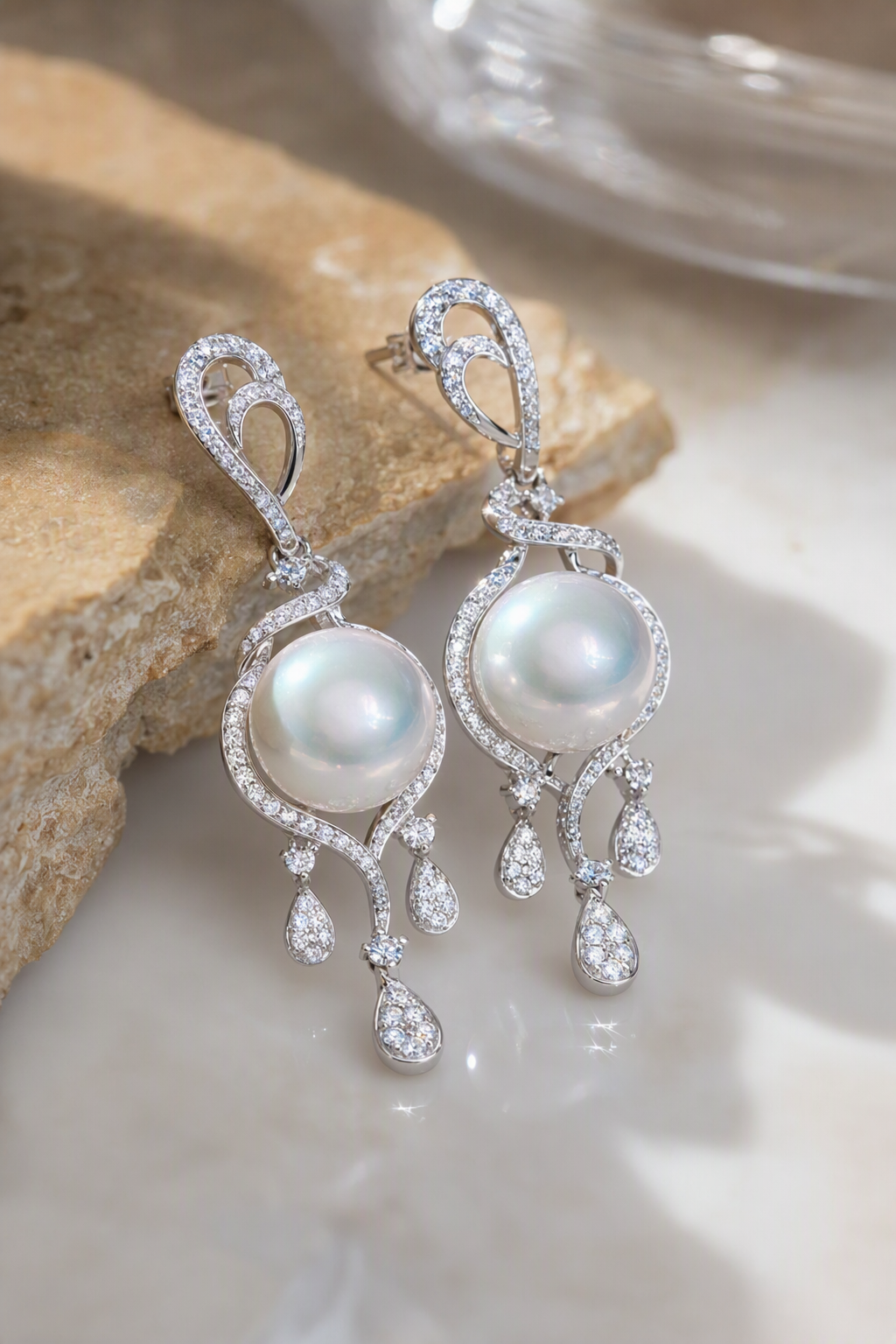 Close-up of Venus Luster 11-12mm Australian South Sea Pearl stud earrings showing pearl luster, nacre and craftsmanship detail