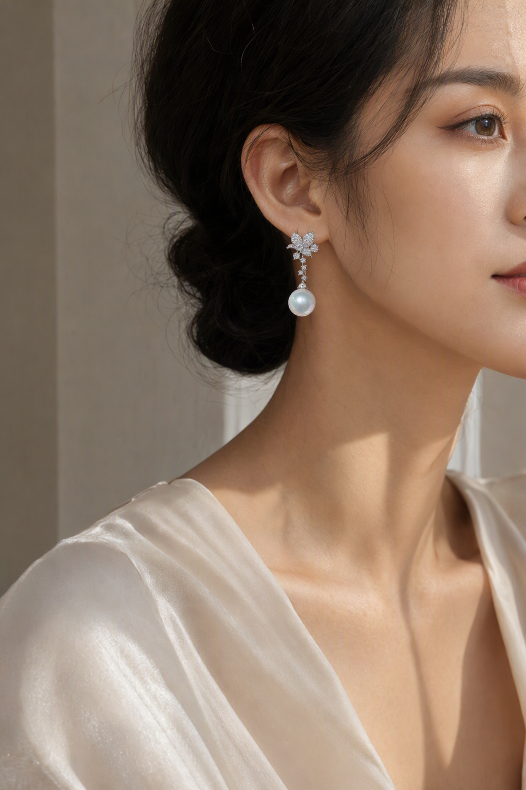 Venus Luster 11-12mm Australian South Sea Pearl stud earrings in a complete luxury outfit styling context