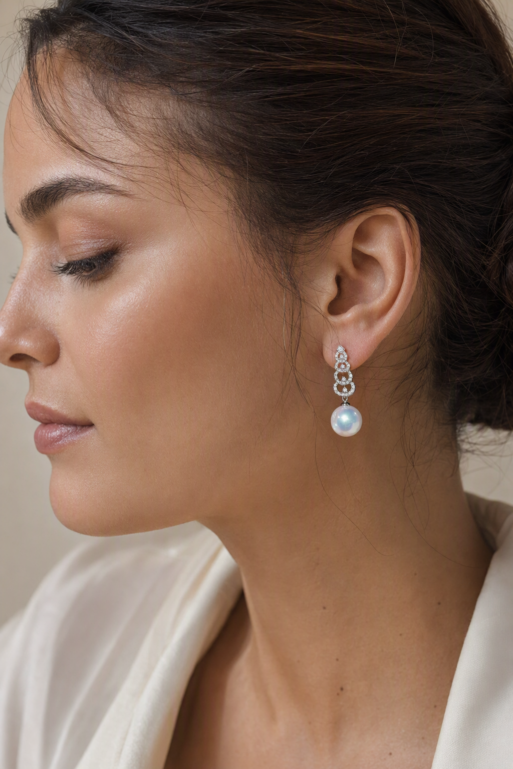 Venus Luster 12-13mm Australian South Sea Pearl Stud Earrings at realistic wearing scale with confirmed pearl size