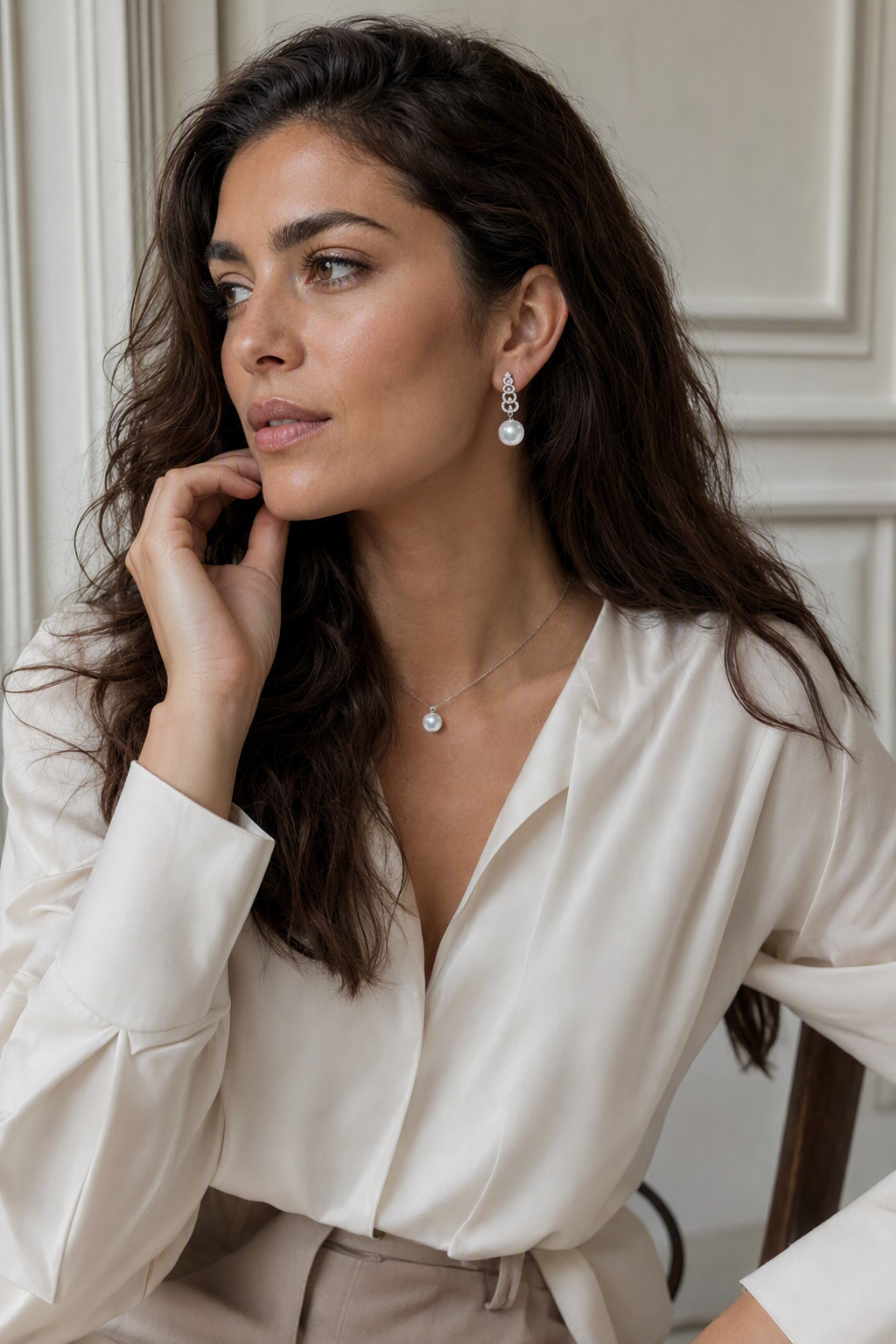 Venus Luster 12-13mm Australian South Sea Pearl Stud Earrings within a complete luxury outfit styling context