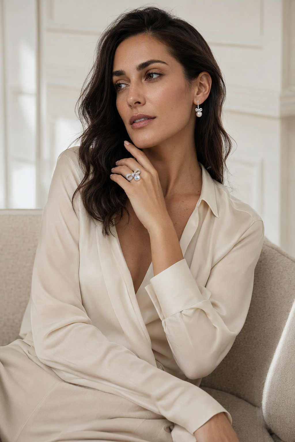 Venus Luster 9-10mm Australian South Sea Pearl Bow Ring within a complete luxury outfit styling context