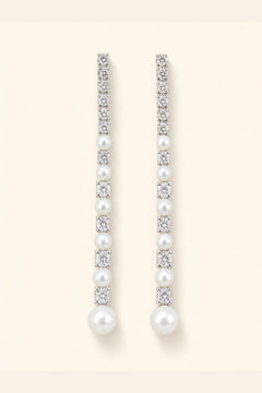 White freshwater pearl meteor earrings with mirror-like luster and silver crystal details