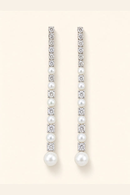 White freshwater pearl meteor earrings with mirror-like luster and silver crystal details