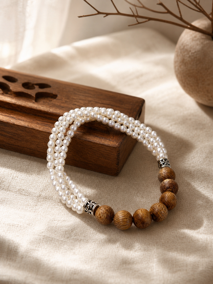 Real cultured round freshwater pearl bracelet styled on linen with warm agarwood bead accents