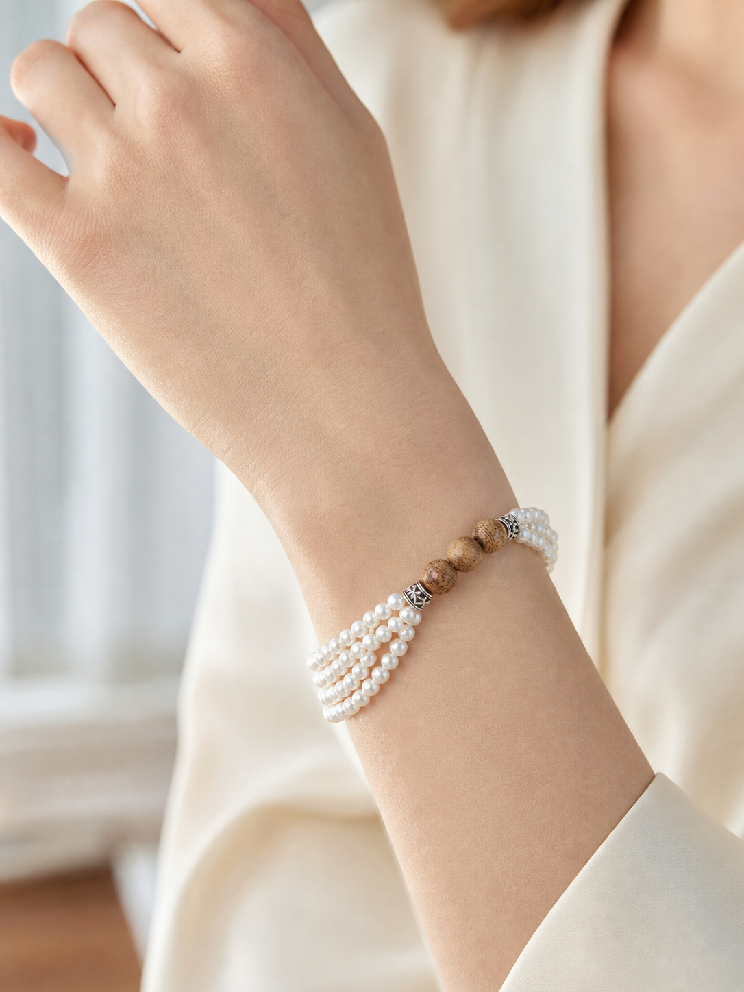 Western model wearing white round freshwater pearl bracelet with visible pearl strands