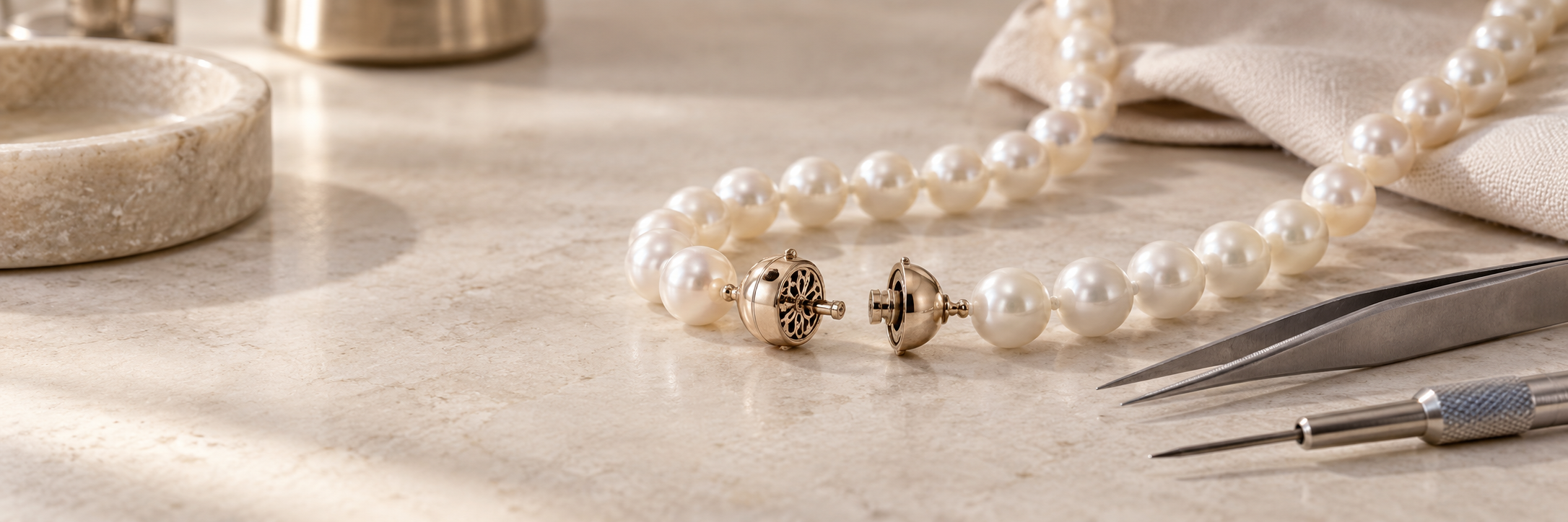 Cultured pearl necklace clasp with precision jewelry repair tools
